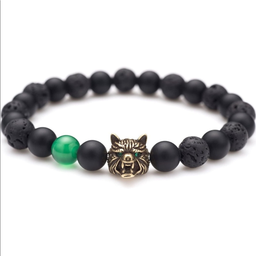 Karseer Viking Wolf Head Charm Healing Crystal/Energy Stone Beaded Bracelet